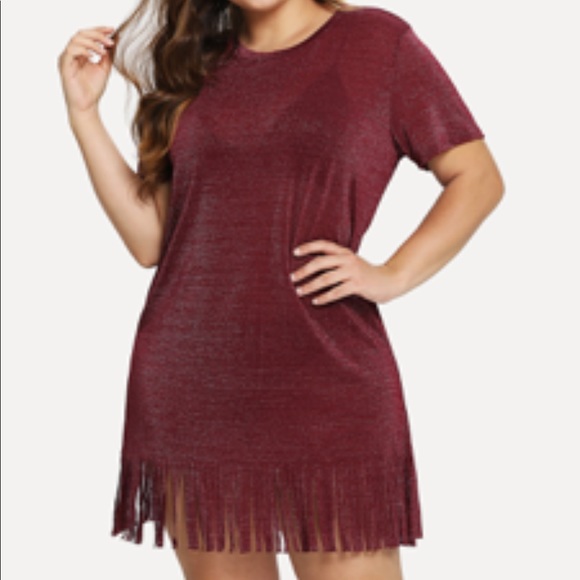 NEW•M-1X•Sugared + Bronzed Scarlet Shimmer Fringe Trim Tunic Dress - Picture 2 of 13